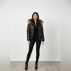 Sean John Genuine Leather Down Puffer Jacket Real Fur Hood Black Gold Size M Y2K